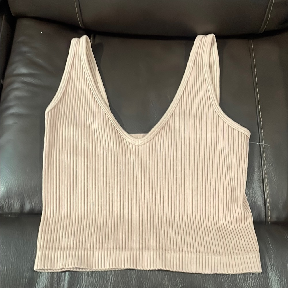 Free People Cream Ribbed Crop Tank Top
